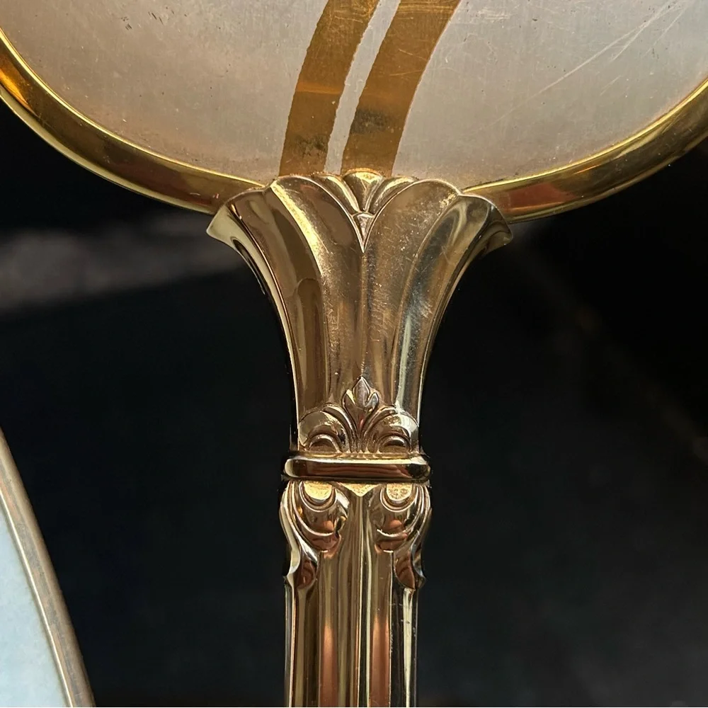 Vintage Vanity 5pc Dressing Table Set Mirror Brush Comb 2 Jars: Gold, Floral